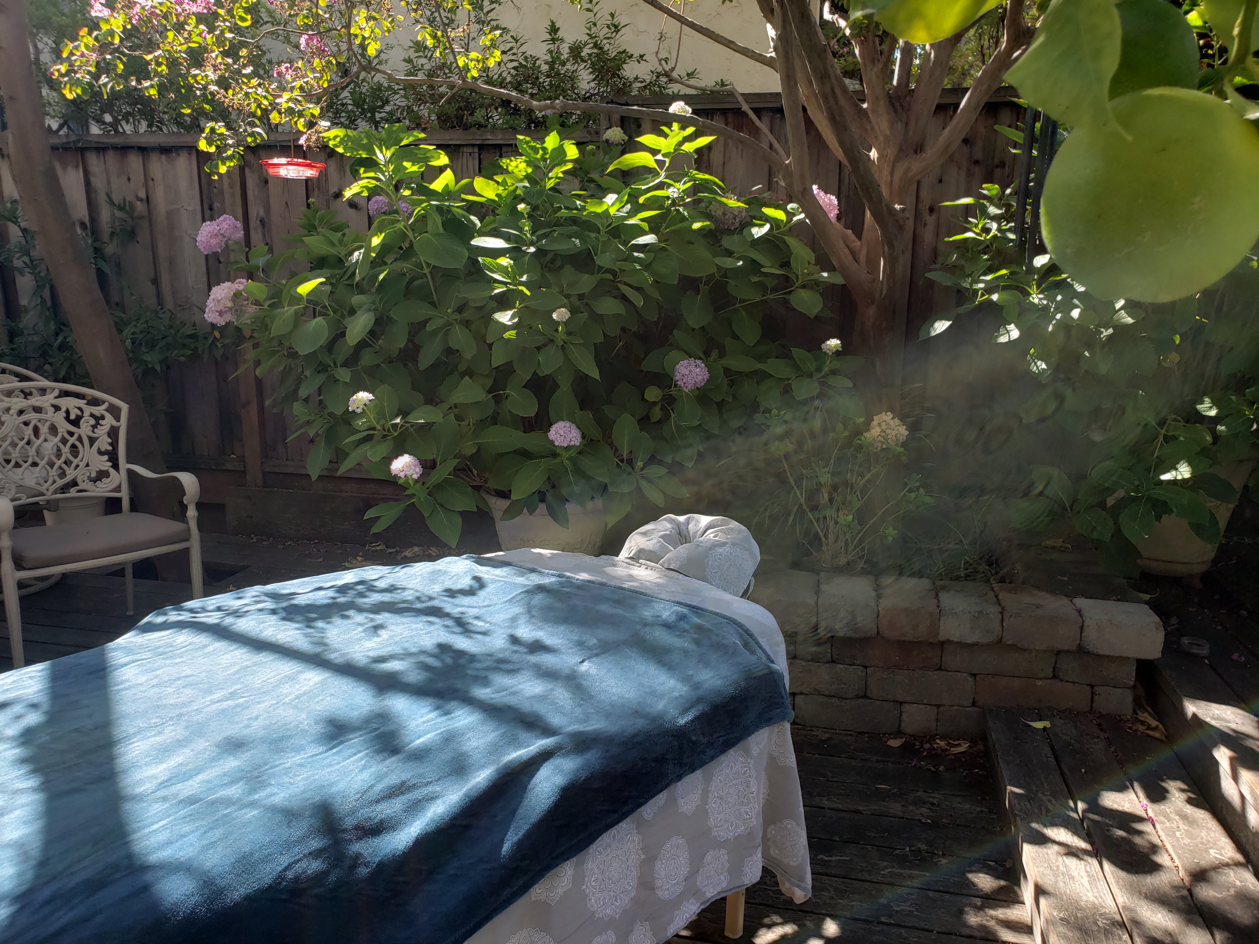 Massage table set up by client's back yard garden